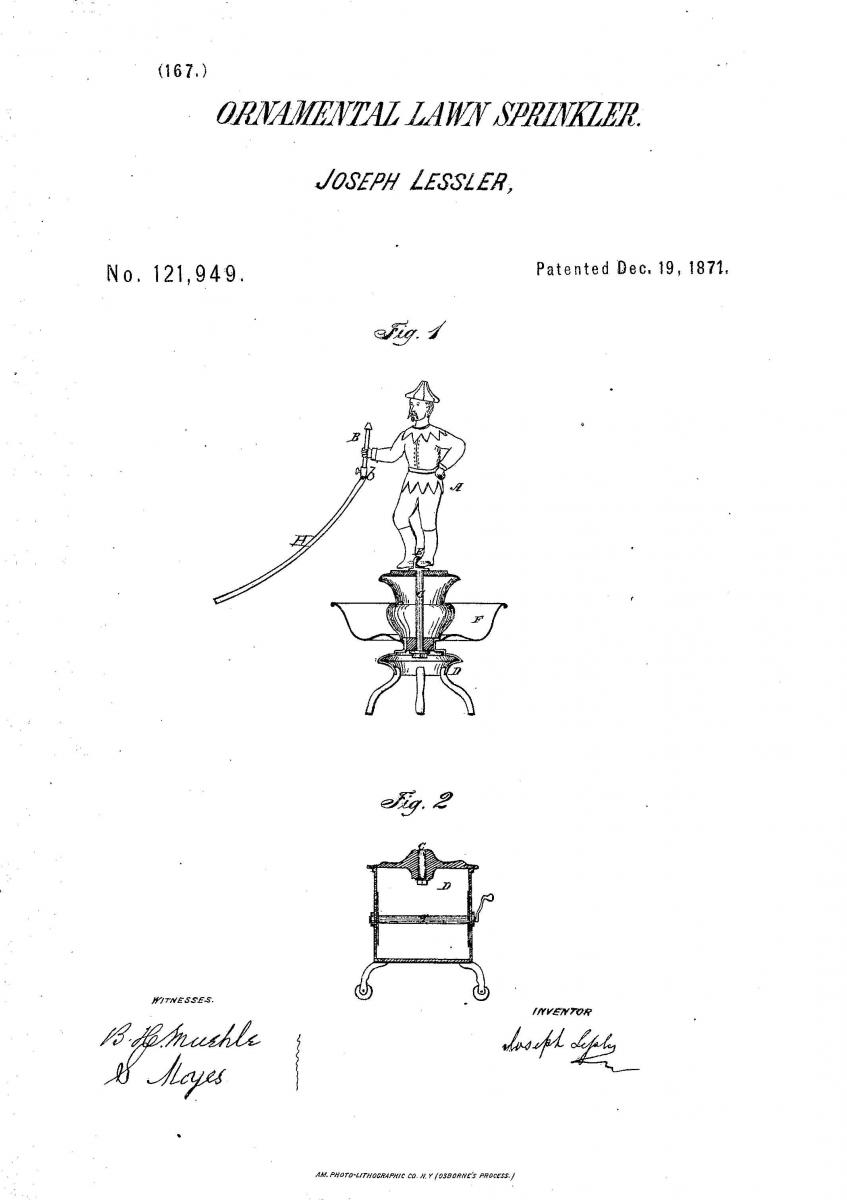 Ornamental Lawn Sprinkler Patent pic from 1871