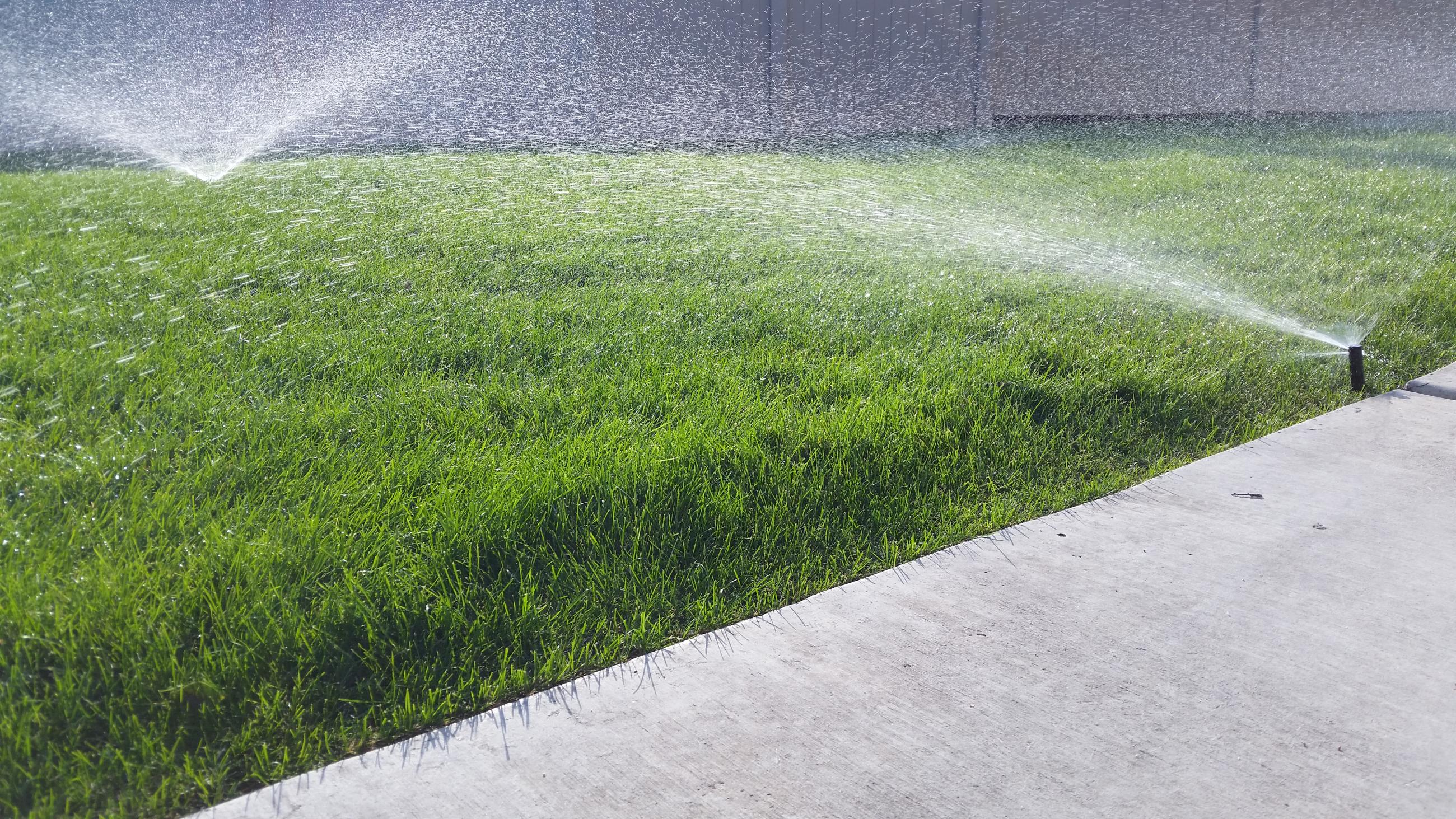 commercial sidewalk with sprinklers running